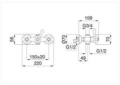 Bugnatese Old'800 - 003 - kádcsaptelep test 3/4-es csatlakozással és 1/2-es csatlakozással